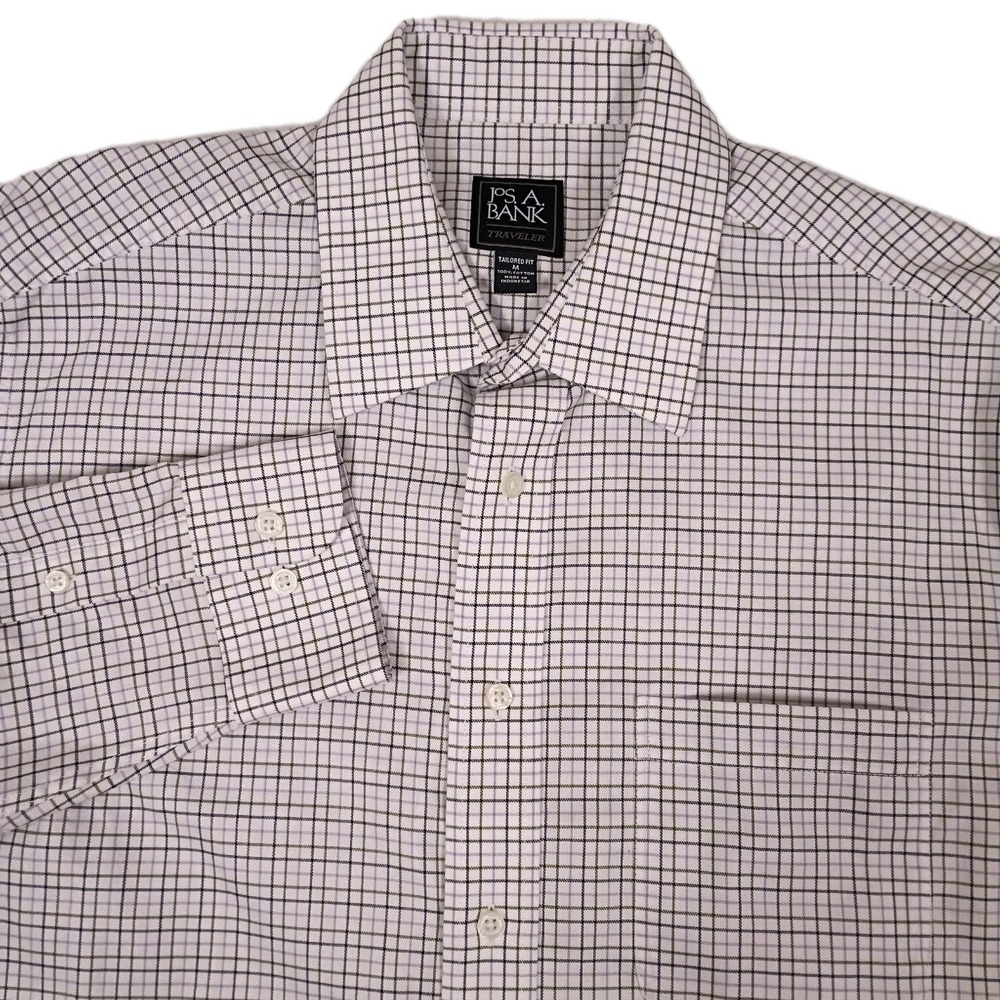 Jos A Bank Traveler Shirt Mens Medium Tailored Fit White Purple Black Check